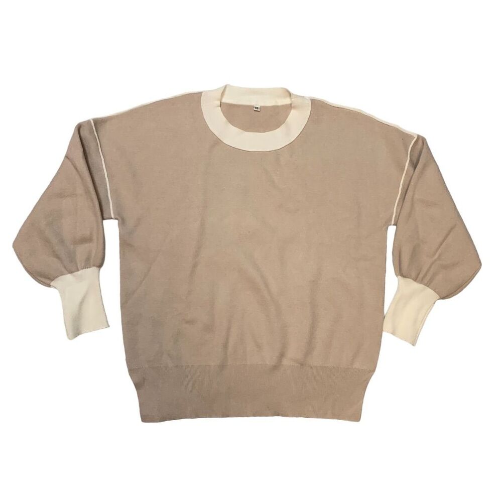 Women's XS Cropped Pullover Sweater Cream Tan White Trim Long Sleeve Casual